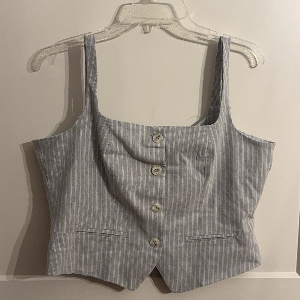 Haver & Blair Tank Top Womens L Gray Stripe Button Front Cropped Lined Summer